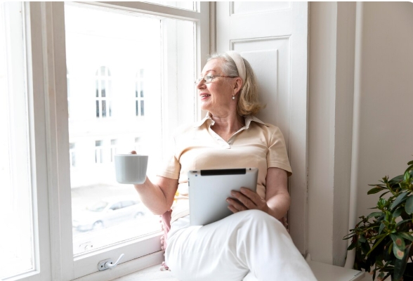 Elderly person smiling while enjoying coffee at home near the window