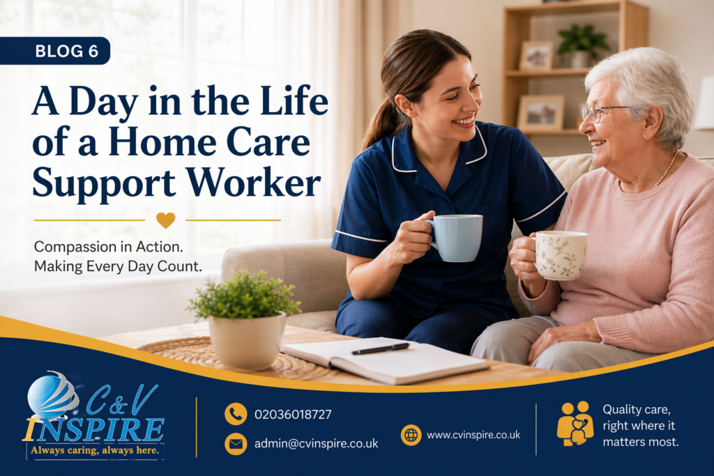 Home care support worker assisting elderly client at home