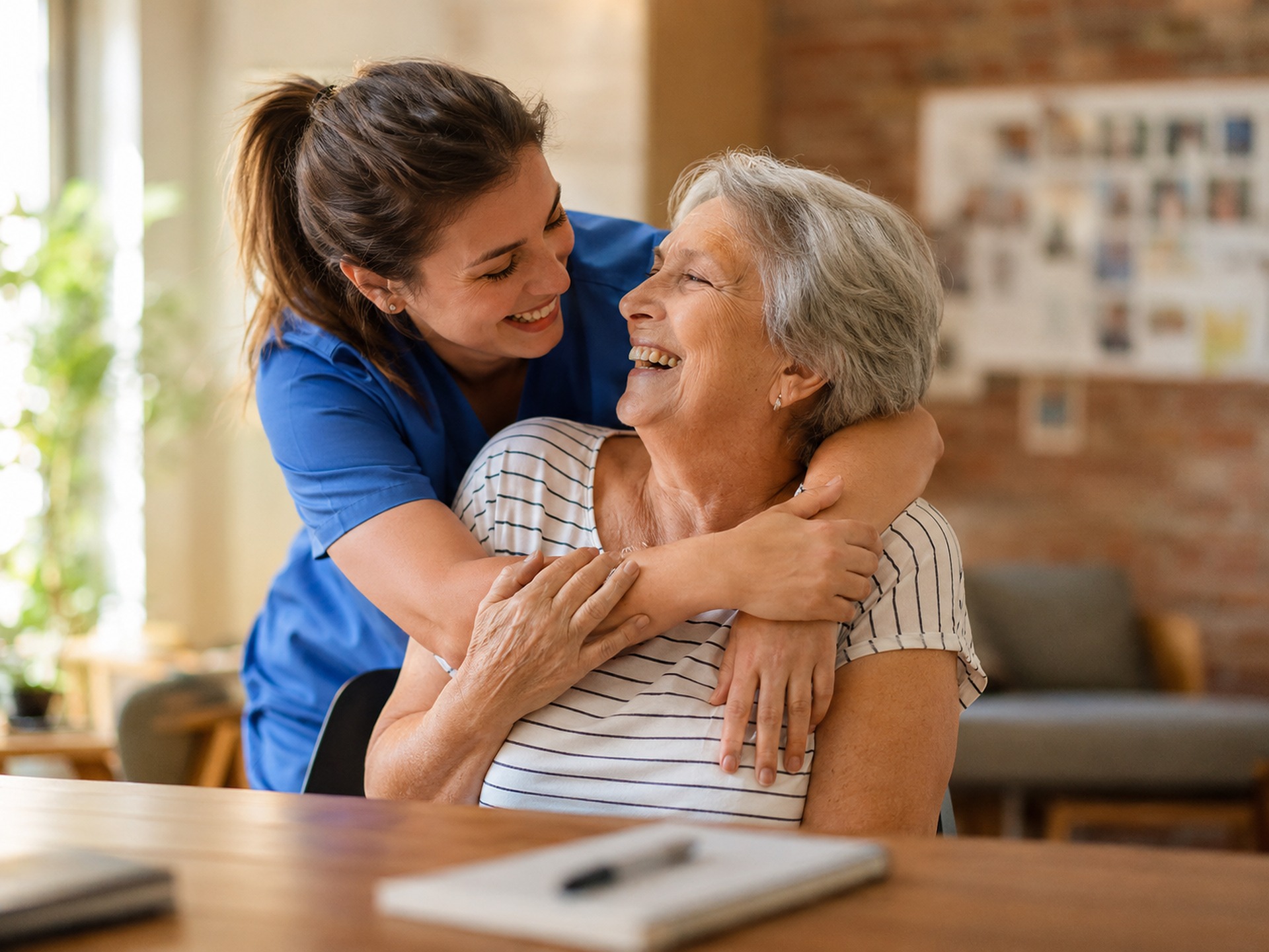 Compassionate home caregiver supporting an elderly woman in a comfortable home environment